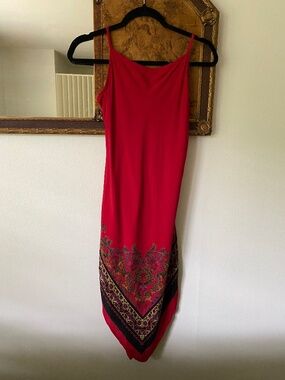 Vintage 1990s Red Handkerchief Asymmetrical Bandana Boho Dress Small